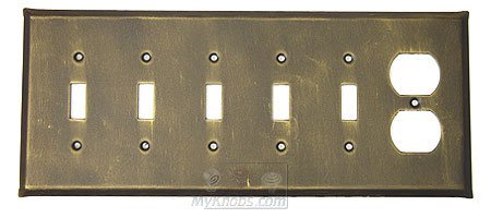 Plain Switchplate Combo Duplex Outlet Five Gang Toggle Switchplate in Satin Pewter