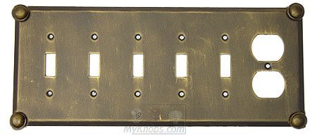 Button Switchplate Combo Duplex Outlet Five Gang Toggle Switchplate in Pewter with Maple Wash
