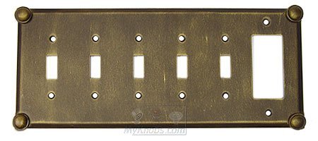 Button Switchplate Combo Rocker/GFI Five Gang Toggle Switchplate in Black with Maple Wash