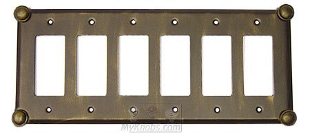 Button Switchplate Six Gang Rocker/GFI Switchplate in Pewter with Maple Wash