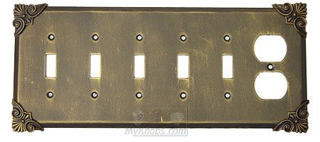 Corinthia Switchplate Combo Duplex Outlet Five Gang Toggle Switchplate in Copper Bright