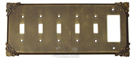 Corinthia Switchplate Combo Rocker/GFI Five Gang Toggle Switchplate in Pewter with Maple Wash