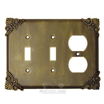 Corinthia Switchplate Combo Duplex Outlet Double Toggle Switchplate in Black with Terra Cotta Wash