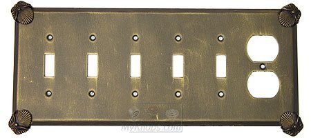 Oceanus Switchplate Combo Duplex Outlet Five Gang Toggle Switchplate in Pewter with Maple Wash