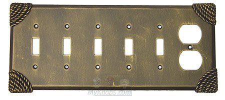 Roguery Switchplate Combo Duplex Outlet Five Gang Toggle Switchplate in Pewter Bright