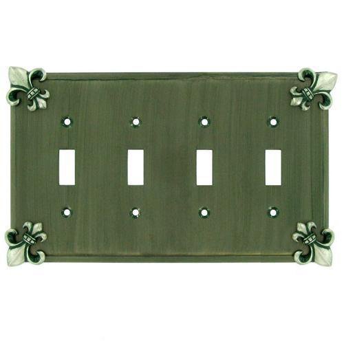 Fleur De Lis Quadruple Toggle Switchplate in Pewter with White Wash