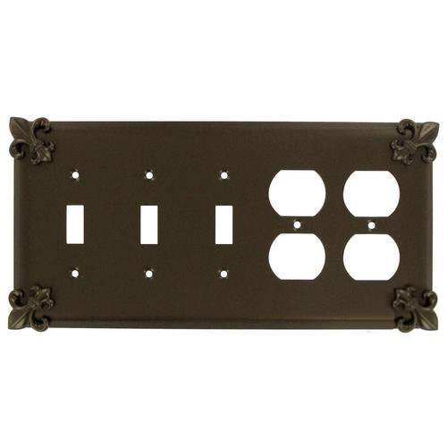 Fleur De Lis 3 Toggle/2 Duplex Outleet Switchplate in Weathered White