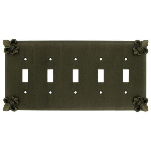 Fleur De Lis Five Gang Toggle Switchplate in Pewter Bright