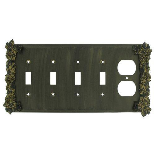 Grapes 4 Toggle/1 Duplex Outlet Switchplate in Black with Verde Wash