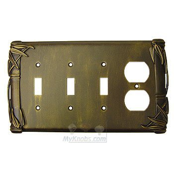 Bamboo Switchplate Combo Duplex Outlet Triple Toggle Switchplate in Pewter with Verde Wash