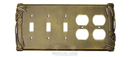 Bamboo Switchplate Combo Double Duplex Outlet Triple Toggle Switchplate in Pewter with Verde Wash