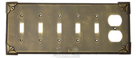 Pompeii Switchplate Combo Duplex Outlet Five Gang Toggle Switchplate in Pewter with Bronze Wash