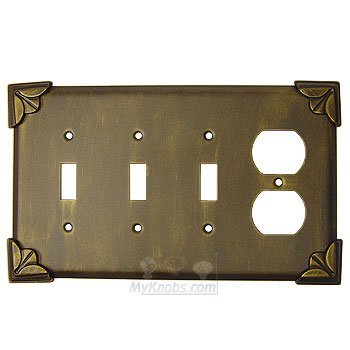 Pompeii Switchplate Combo Duplex Outlet Triple Toggle Switchplate in Pewter with Maple Wash