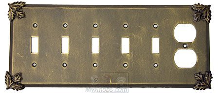 Oak Leaf Switchplate Combo Duplex Outlet Five Gang Toggle Switchplate in Satin Pewter