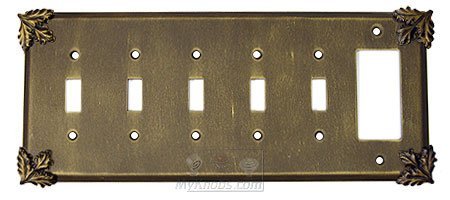 Oak Leaf Switchplate Combo Rocker/GFI Five Gang Toggle Switchplate in Satin Pewter