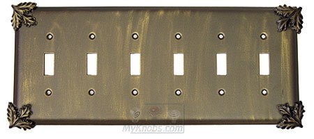 Oak Leaf Switchplate Six Gang Toggle Switchplate in Pewter with Maple Wash