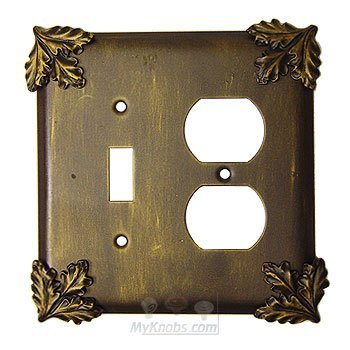 Oak Leaf Switchplate Combo Single Toggle Duplex Outlet Switchplate in Pewter with Verde Wash