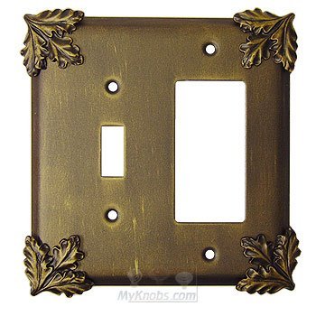 Oak Leaf Switchplate Combo Rocker/GFI Single Toggle Switchplate in Pewter with Verde Wash