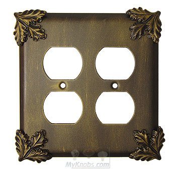 Oak Leaf Switchplate Double Duplex Outlet Switchplate in Pewter with Cherry Wash