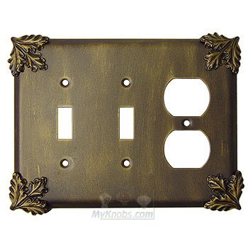 Oak Leaf Switchplate Combo Duplex Outlet Double Toggle Switchplate in Black with Verde Wash