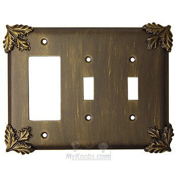 Oak Leaf Switchplate Combo Rocker/GFI Double Toggle Switchplate in Pewter Bright