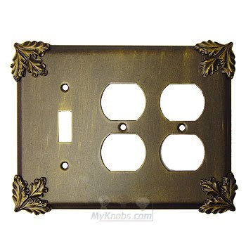 Oak Leaf Switchplate Combo Double Duplex Outlet Single Toggle Switchplate in Pewter with Cherry Wash