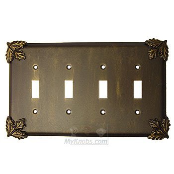 Oak Leaf Switchplate Quadruple Toggle Switchplate in Black with Cherry Wash