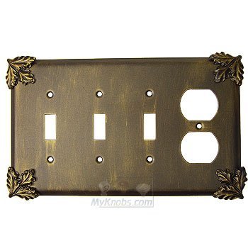 Oak Leaf Switchplate Combo Duplex Outlet Triple Toggle Switchplate in Satin Pearl