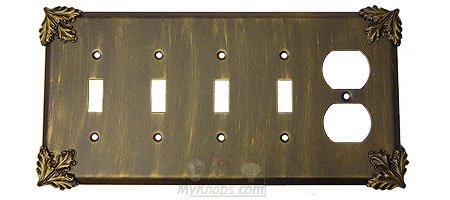 Oak Leaf Switchplate Combo Duplex Outlet Quadruple Toggle Switchplate in Antique Gold