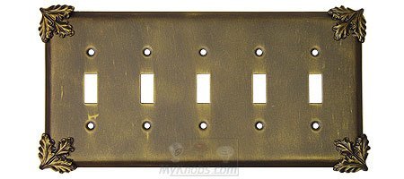 Oak Leaf Switchplate Five Gang Toggle Switchplate in Pewter with Maple Wash