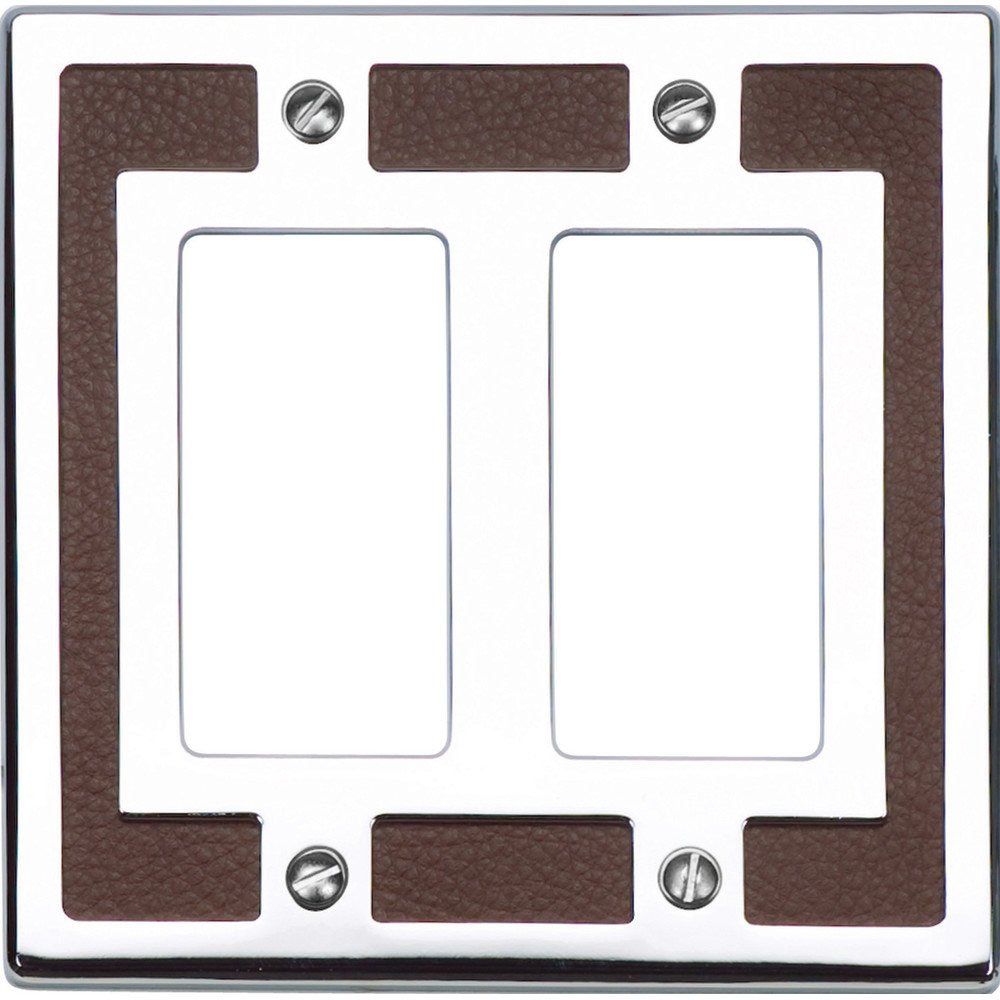 Double Rocker Switchplate in Brown Leather and Polished Chrome