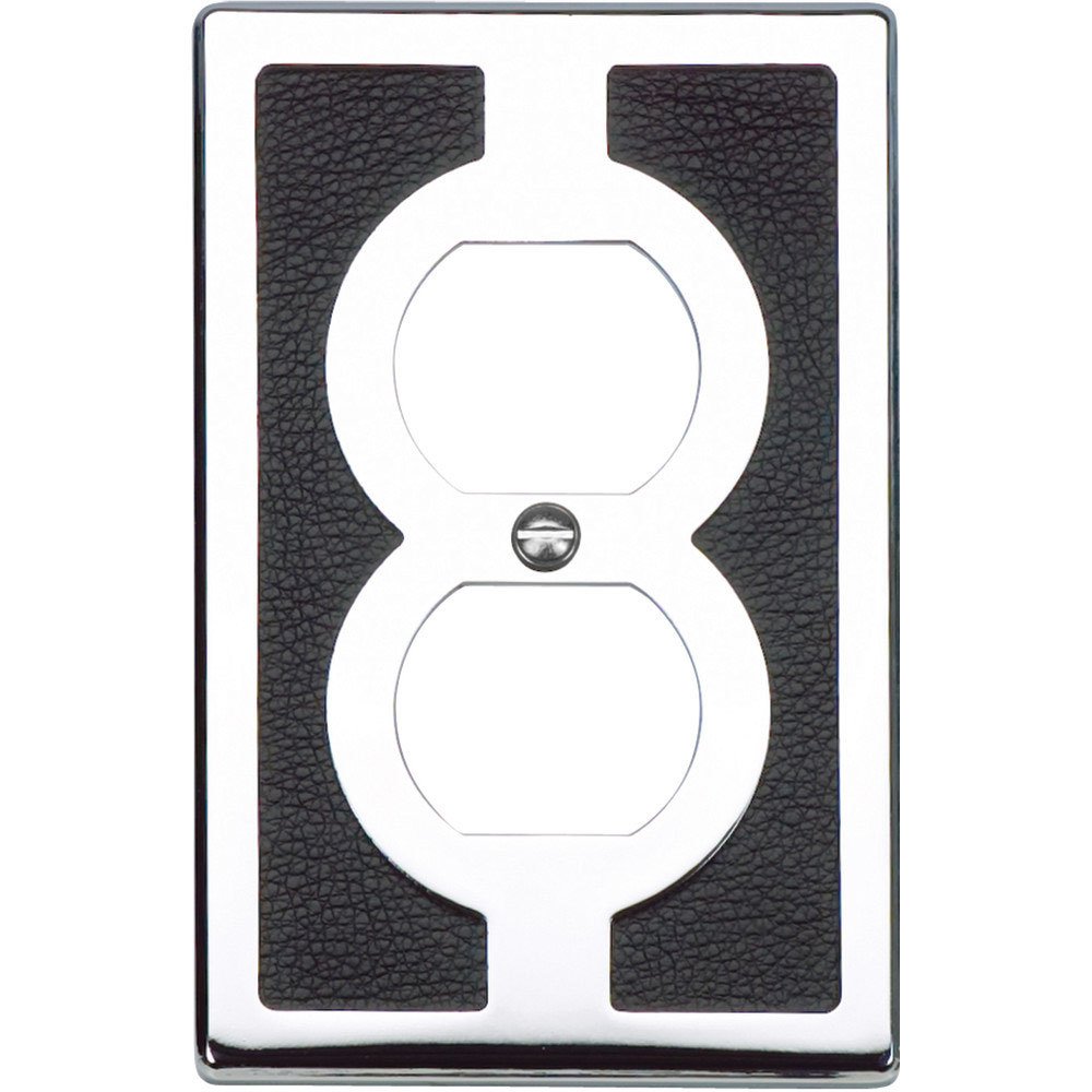 Single Duplex Outlet Switchplate in Black Leather and Polished Chrome