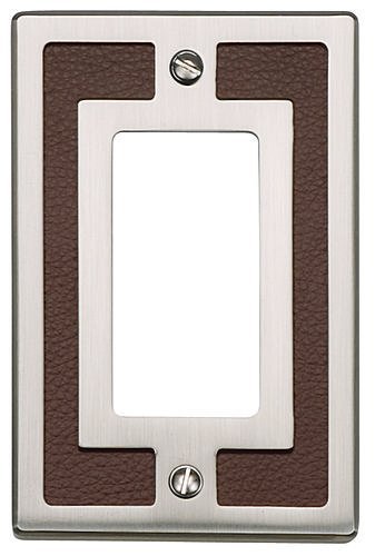 Single Rocker Switchplate in Brown Leather and Brushed Nickel