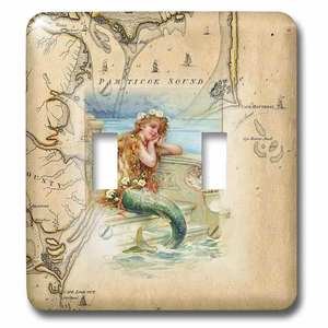 Jazzy Wallplates - Wall Plate With Print Of Vintage Map Outer Banks With Mermaid
