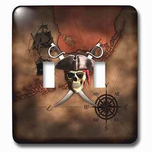 Jazzy Wallplates - Wallplate with Pirate skull and crossed swords over a nautical pirate map.