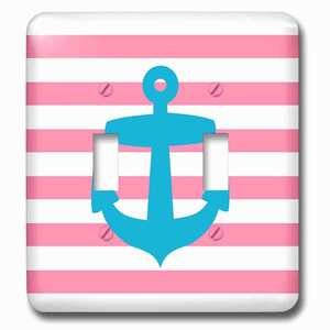 Jazzy Wallplates - Wallplate with Nautical light blue anchor with coral red or pink sailor stripes pattern French Breton Stripe