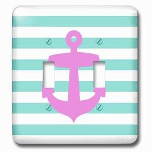 Jazzy Wallplates - Wallplate with Retro Nautical pink anchor with teal turquoise blue sailor stripes pattern French Breton Stripe