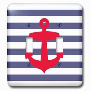 Jazzy Wallplates - Wallplate with Retro Nautical Red Anchor with navy blue sailor stripe pattern French Breton stripes
