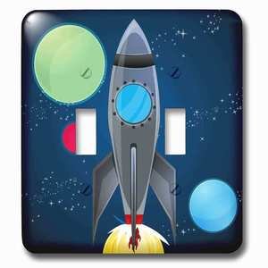 Jazzy Wallplates - Switchplate With Rocket Ship With Planets Design On A Dark Blue Background