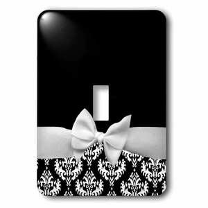 Jazzy Wallplates - Wallplate With Elegant And Classy White Ribbon Bow With White Damask Pattern And Classic Black Background