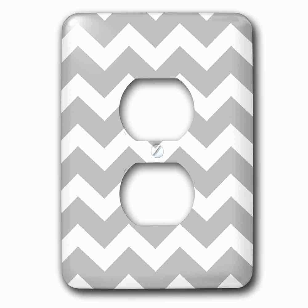 Single Duplex Outlet With Gray And White Zig Zag Chevron Pattern. Light Grey Silver Zigzags