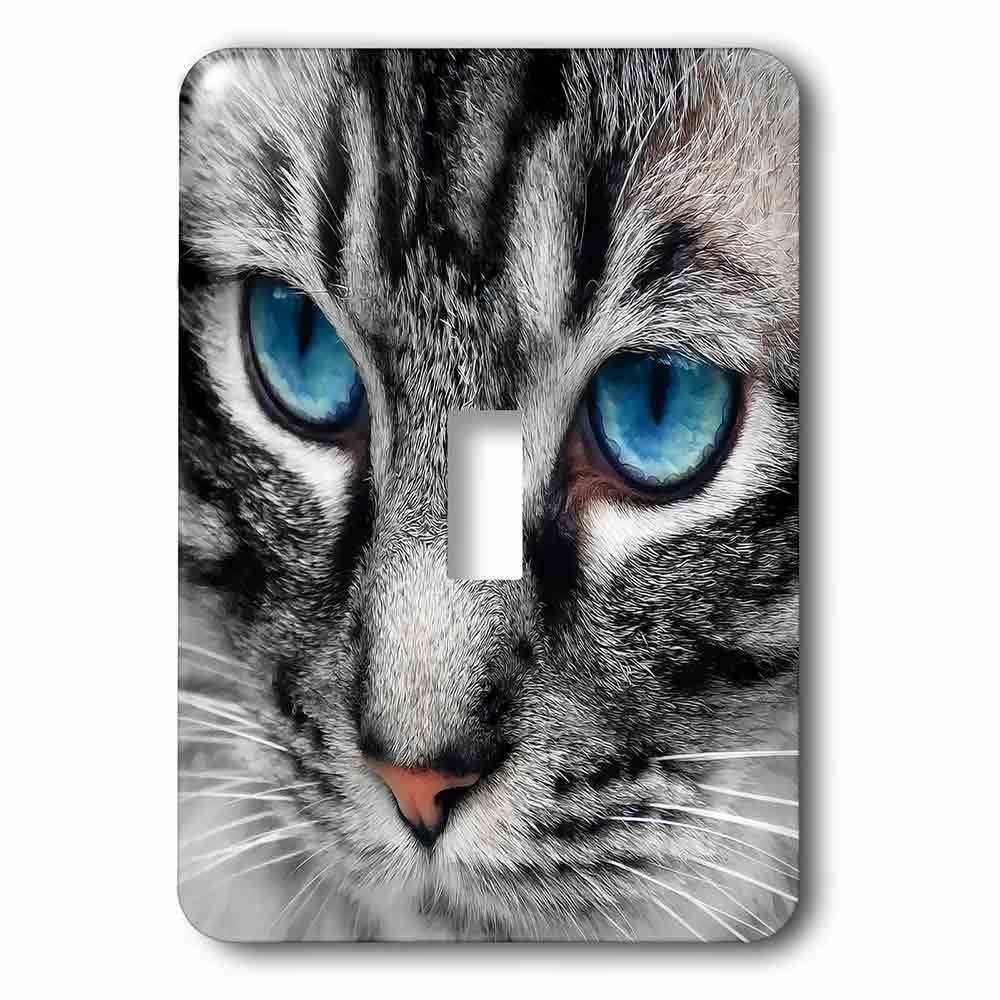 Single Toggle Switch Plate With Silver Tabby Cat Face With Blue Eyes.