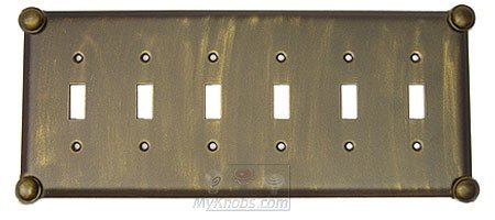 Button Switchplate Six Gang Toggle Switchplate in Pewter with White Wash