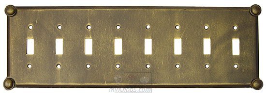Button Switchplate Eight Gang Toggle Switchplate in Pewter with Verde Wash