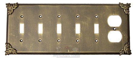 Sonnet Switchplate Combo Duplex Outlet Five Gang Toggle Switchplate in Pewter with White Wash