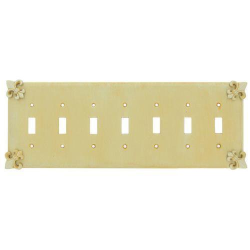 Fleur De Lis Seven Gang Toggle Switchplate in Satin Pearl