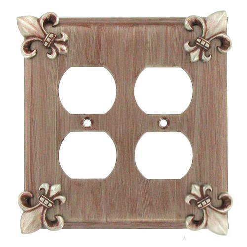 Fleur De Lis Double Duplex Outlet Switchplate in Weathered White