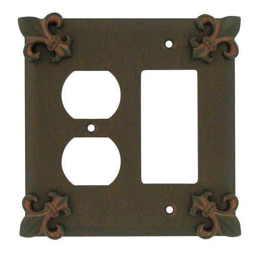 Fleur De Lis Combo GFI/Duplex Outlet Switchplate in Bronze with Copper Wash
