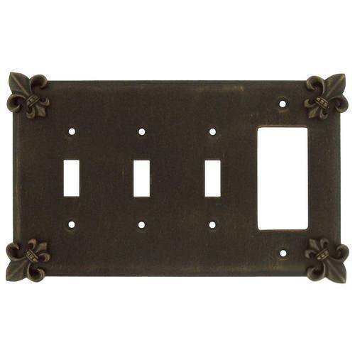 Fleur De Lis 3 Toggle/1 Rocker Switchplate in Pewter with White Wash