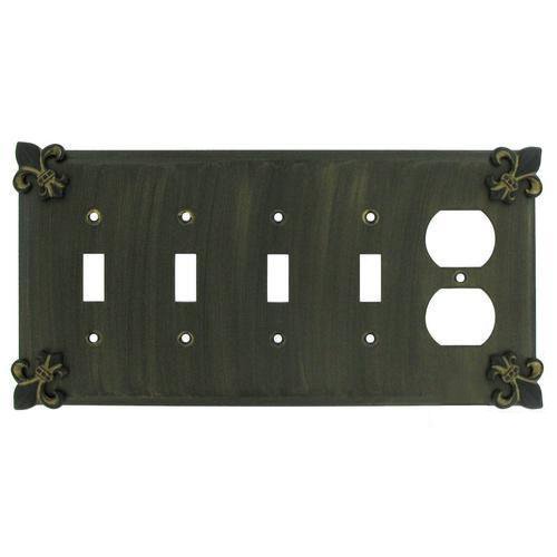 Fleur De Lis 4 Toggle/1 Duplex Outlet Switchplate in Pewter with White Wash